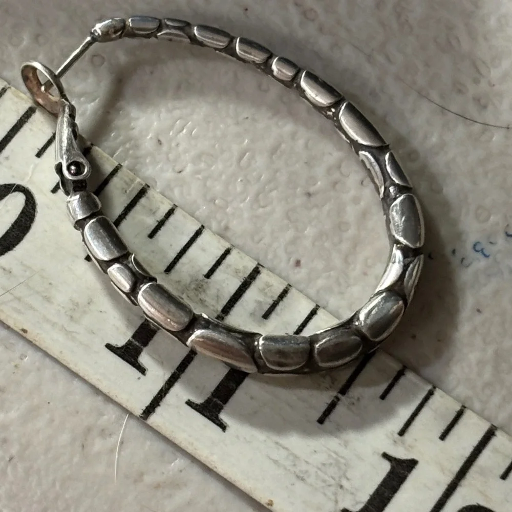 Vintage 925 Silver Textured Pebble Link Oval Hoop Earrings